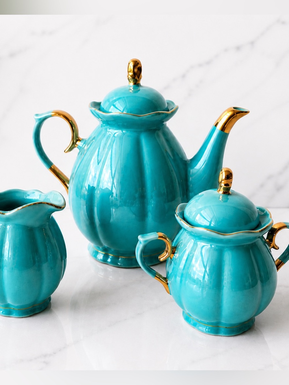 Glossy Turquoise ceramic 3 Piece Tea Set - Sugar Dish + Cream Teapot
